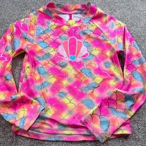 Betsey Johnson Girls Pink Rainbow Mermaid Scale Rash Guard Swim Top Size L 12